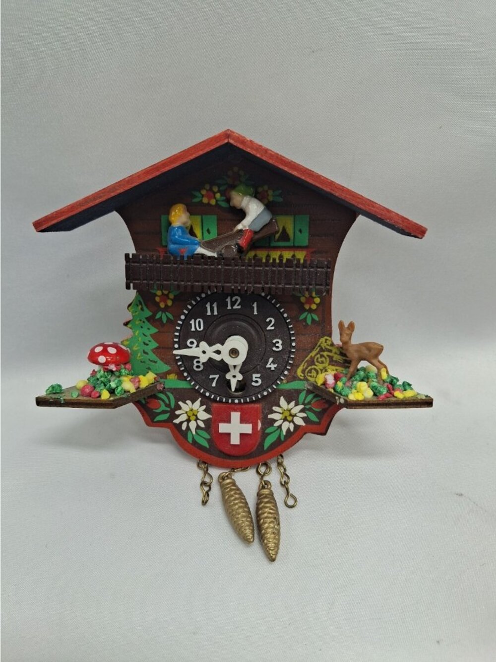 Mid-century Vtg German Black Forest Mushroom Wind Up Wooden Painted Cuckoo Clock